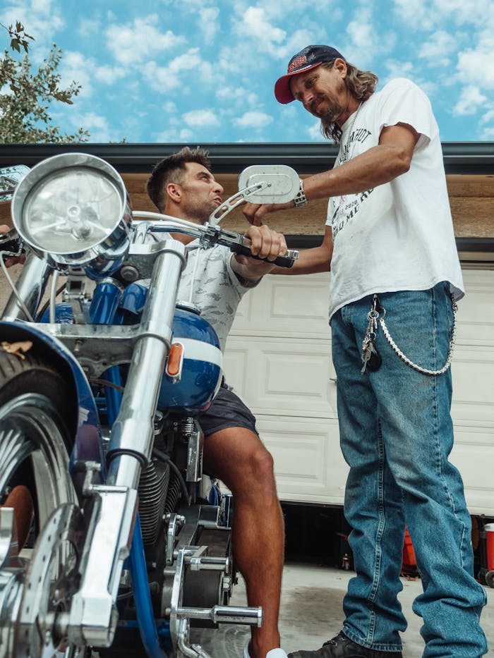 Father and Son Beside a Motorcycle